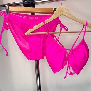 New Classic Bright Hot Pink String Bikini Swim Set, Small